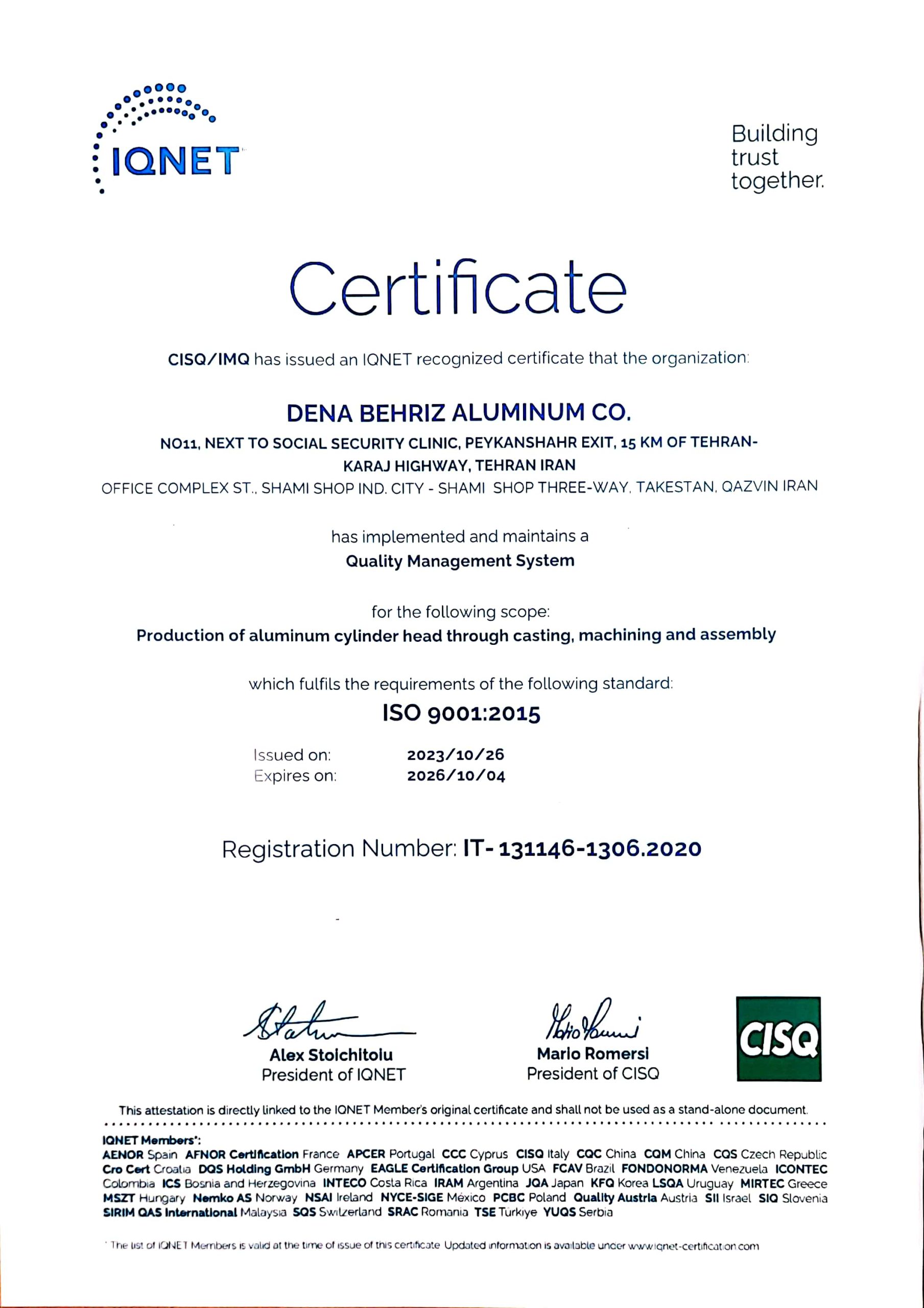 گواهی‌نامه ISO 9001:2015 صادرشده توسط IMQ